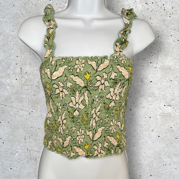 aerie Tops - Aerie Green Floral Scrunch Strap Tank Top Small